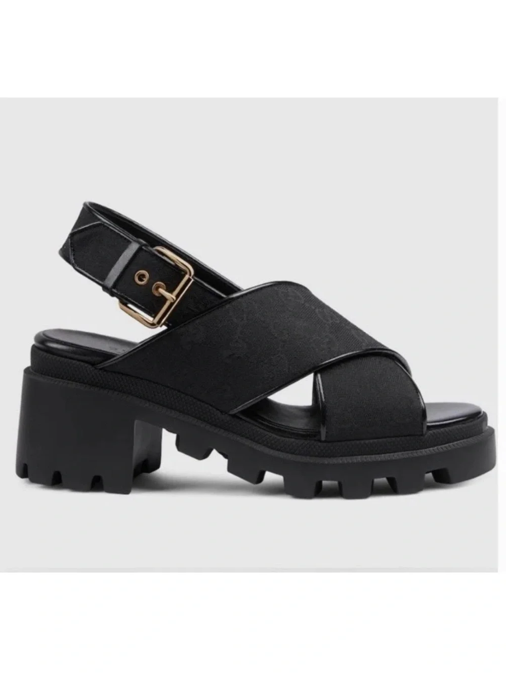 Gucci Black Platform Chunky Sandals with Gold Buckle